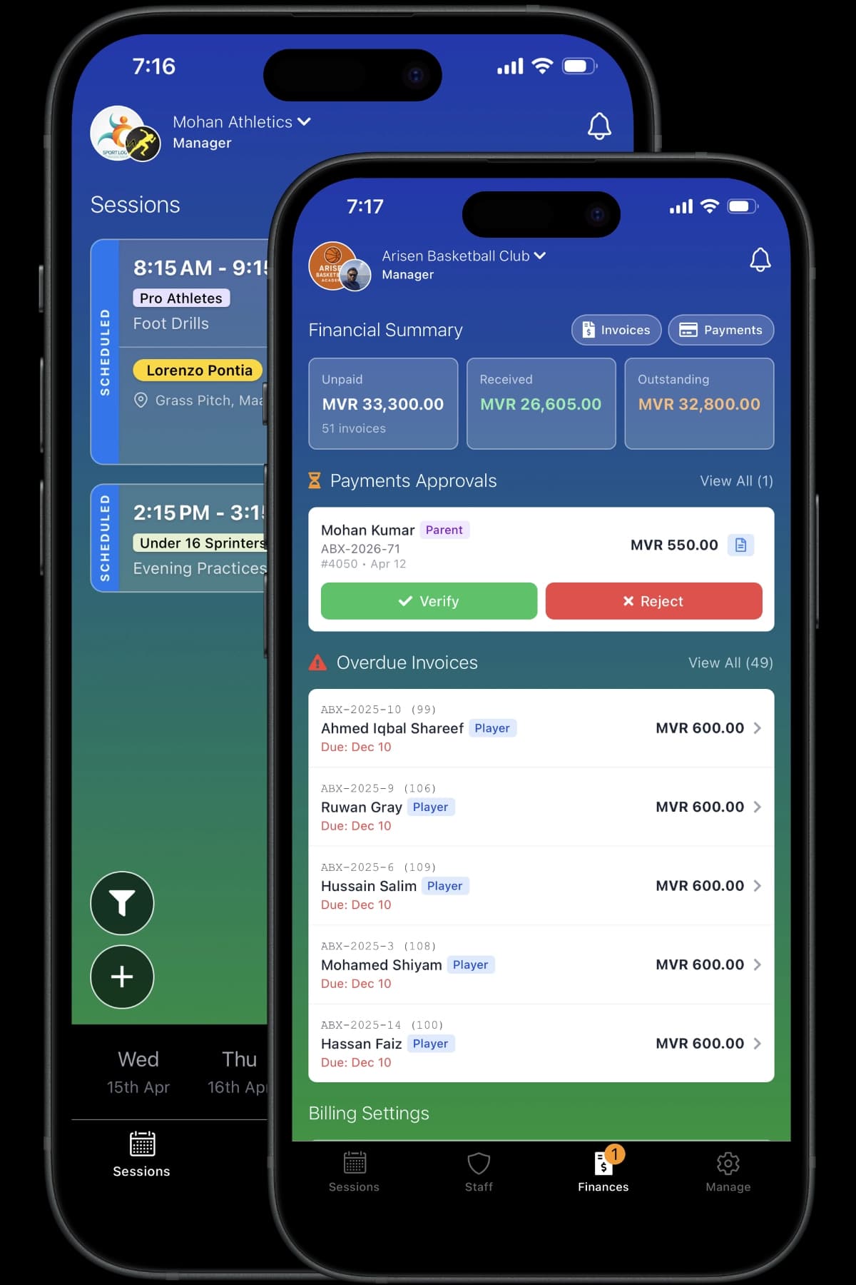 AcademyPro Mobile Apps — sessions and financial summary screens